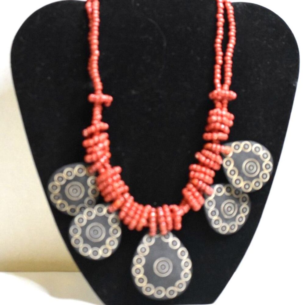 NWOT Coral Colored Beads/ Brown Teardrop Patterned Dangles 17" Boho Necklace